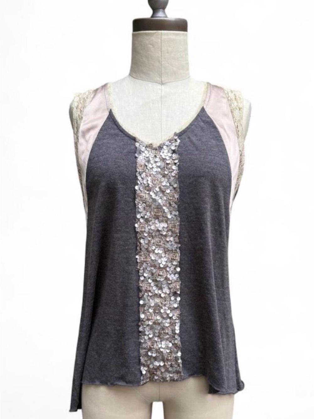 Anthropologie Tiny embellished asymmetrical tank top gray w/ gold sequins